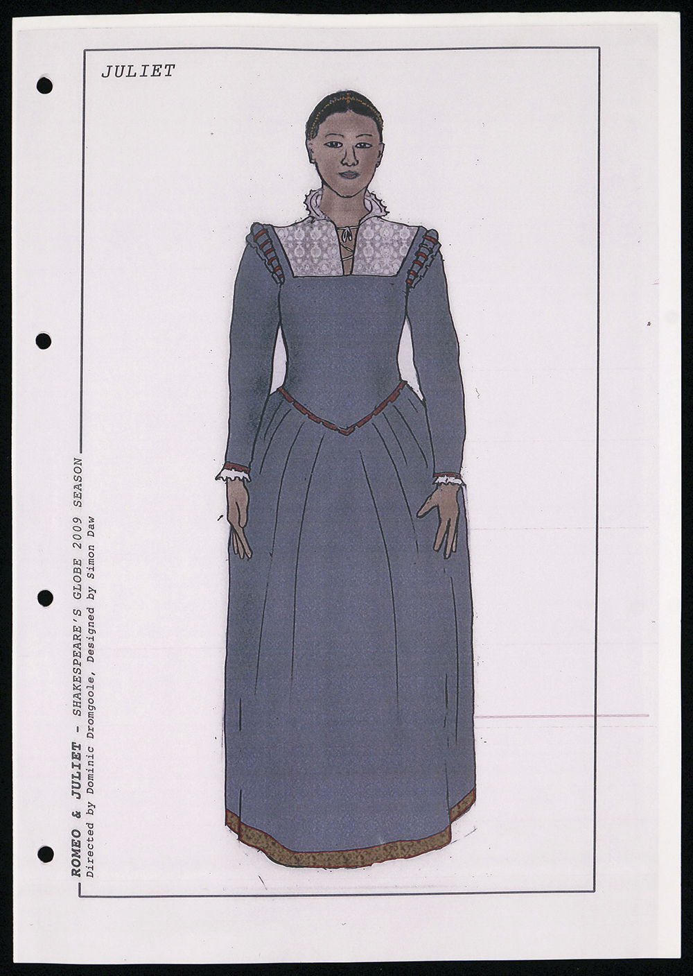 Juliet Costume Design 2009 A costume sketch for Juliet with a high necked blue corset dress.
