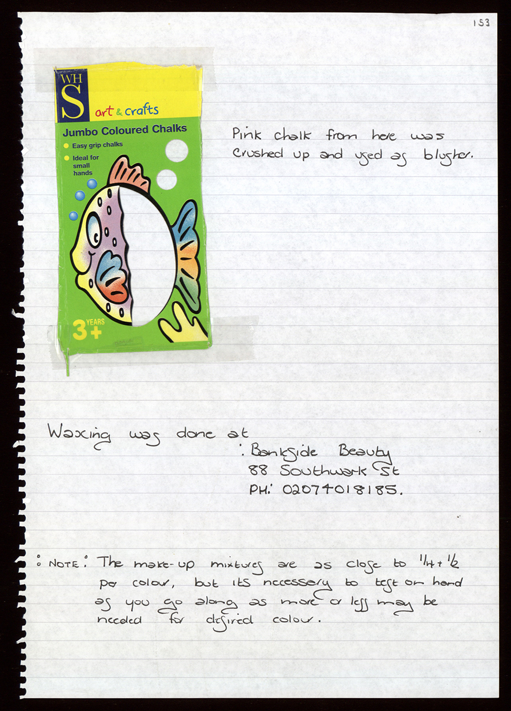 Makeup Notes Twelfth Night Shakespeare's Globe A document detailing how chalk was used in the make up process.