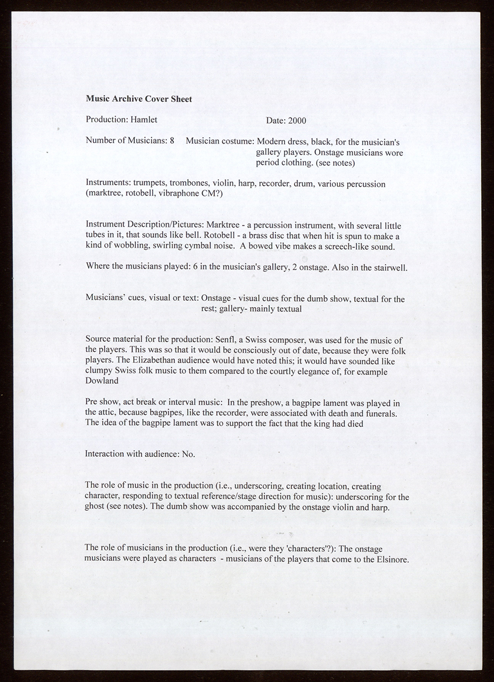 Music Cover Sheet Hamlet Shakespeare's Globe A document listing the music in Hamlet.