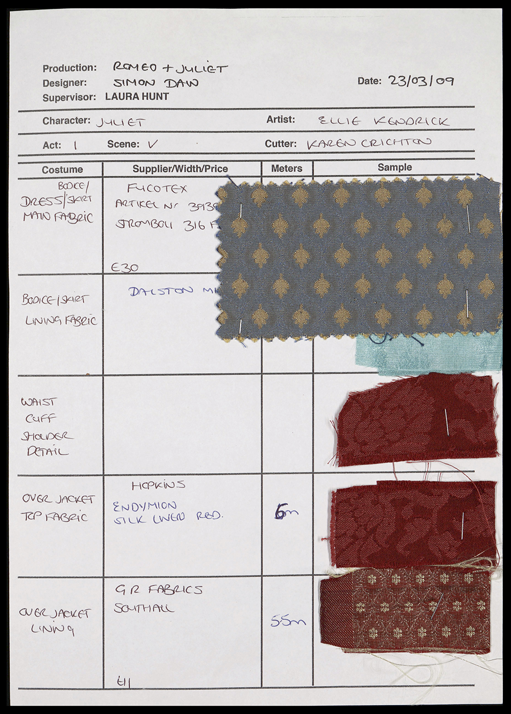 Romeo and Juliet 2009 Costume scene list 2 A sheet a paper detailing the costume list for a scene in Romeo and Juliet with fabric swatches.