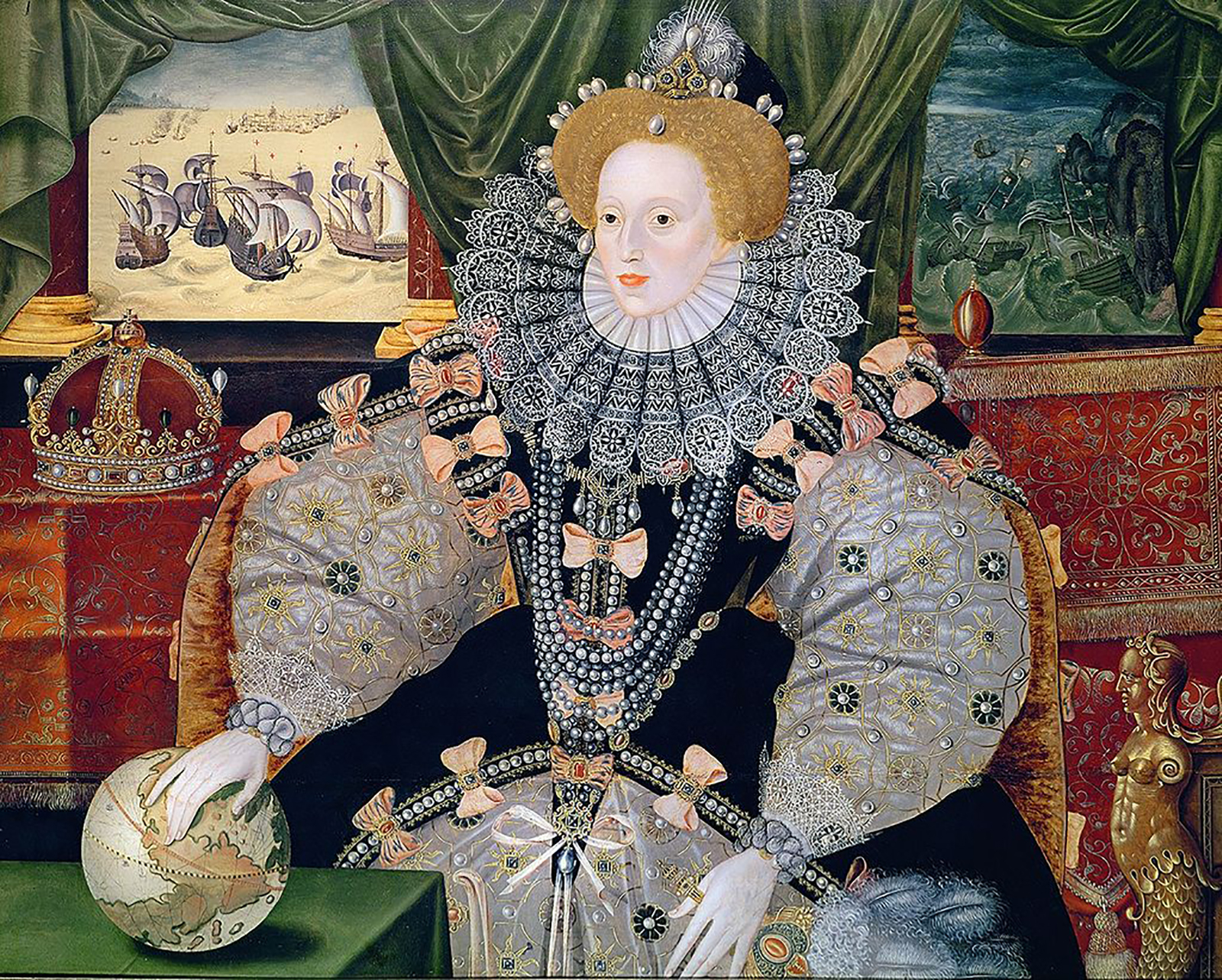 Elizabeth I Armada Portrait Portrait of Elizabeth I, with a depiction of the Battle of the Armada behind her, her hand resting on a globe.