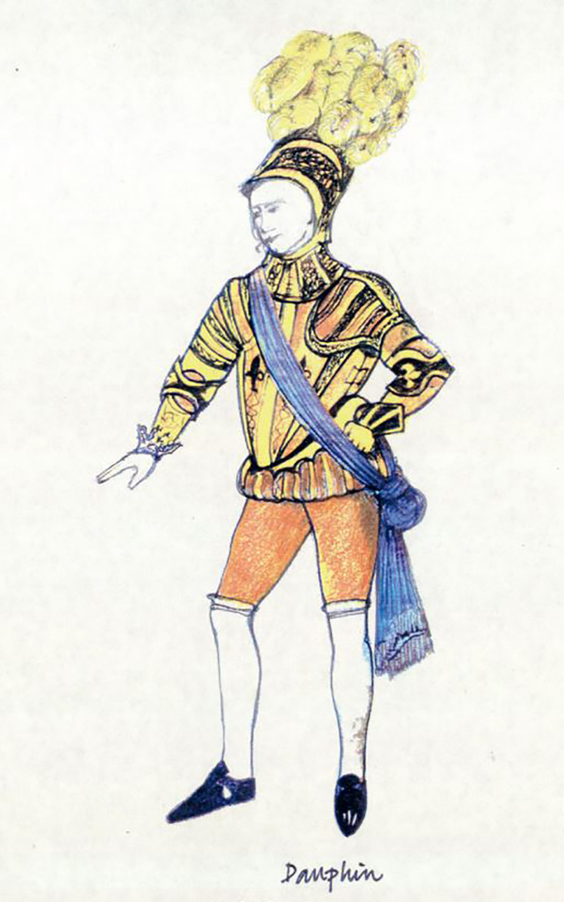 Henry V Globe Theate 1997 Notes for the Dauphin's costume 2 A costume design sketch for a prince with a plume helmet and golden doublet and hose.