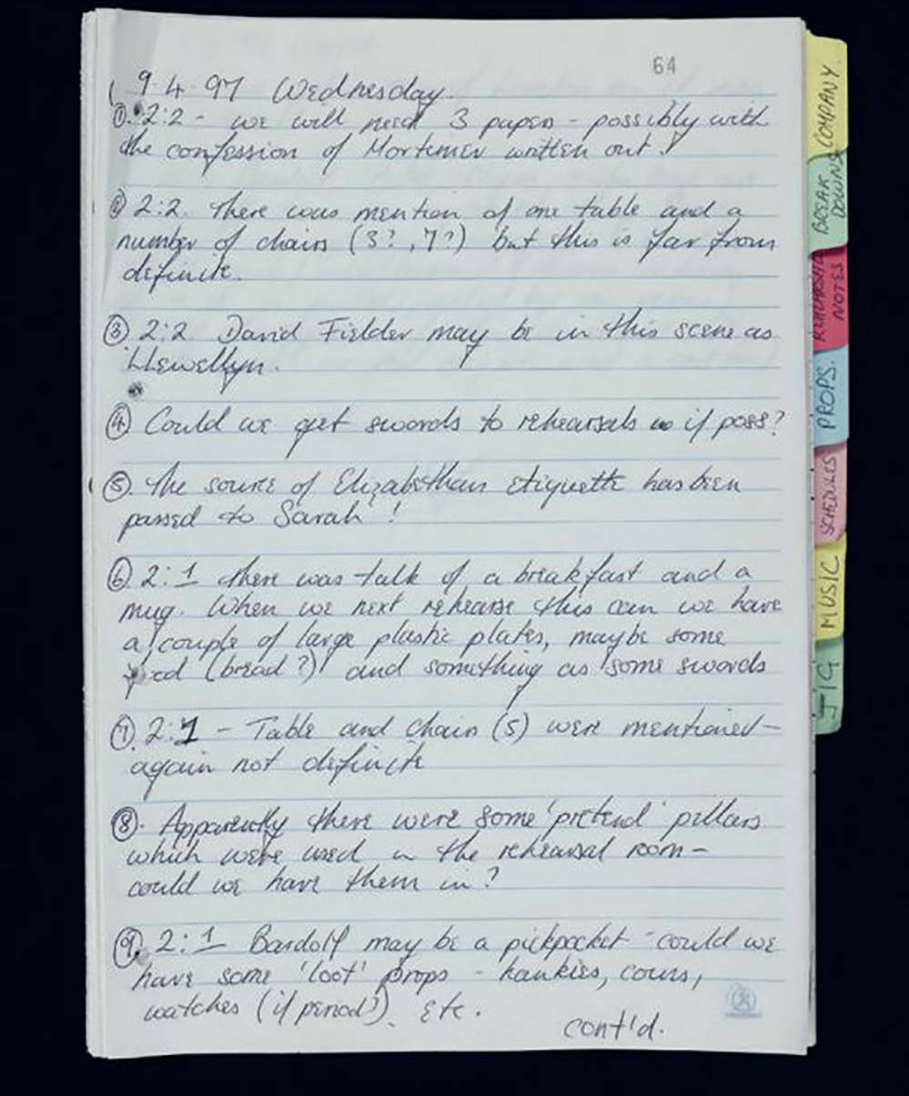 Henry V Globe Theatre 1997 prompt book notes A promptbook with writing.