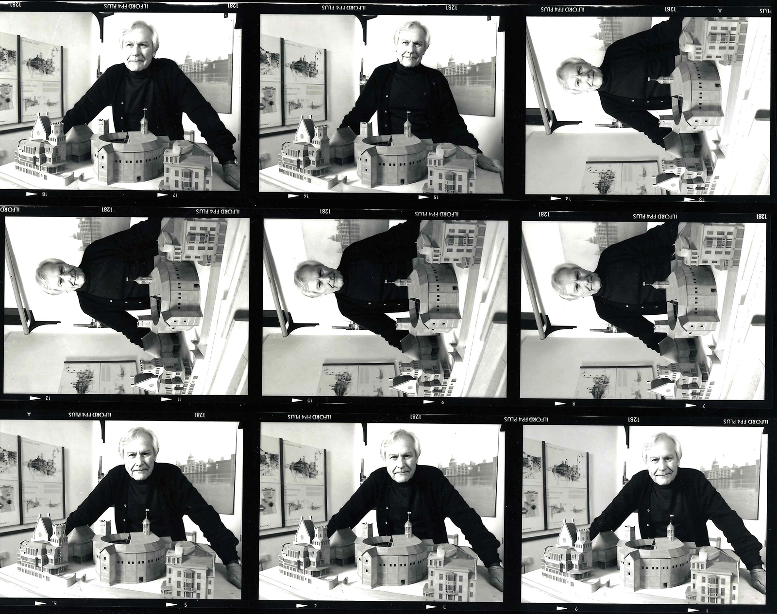 Sam Wanamaker reel Shakespeare's Globe A strip of photographs of a man standing behind a model of a circular theatre.
