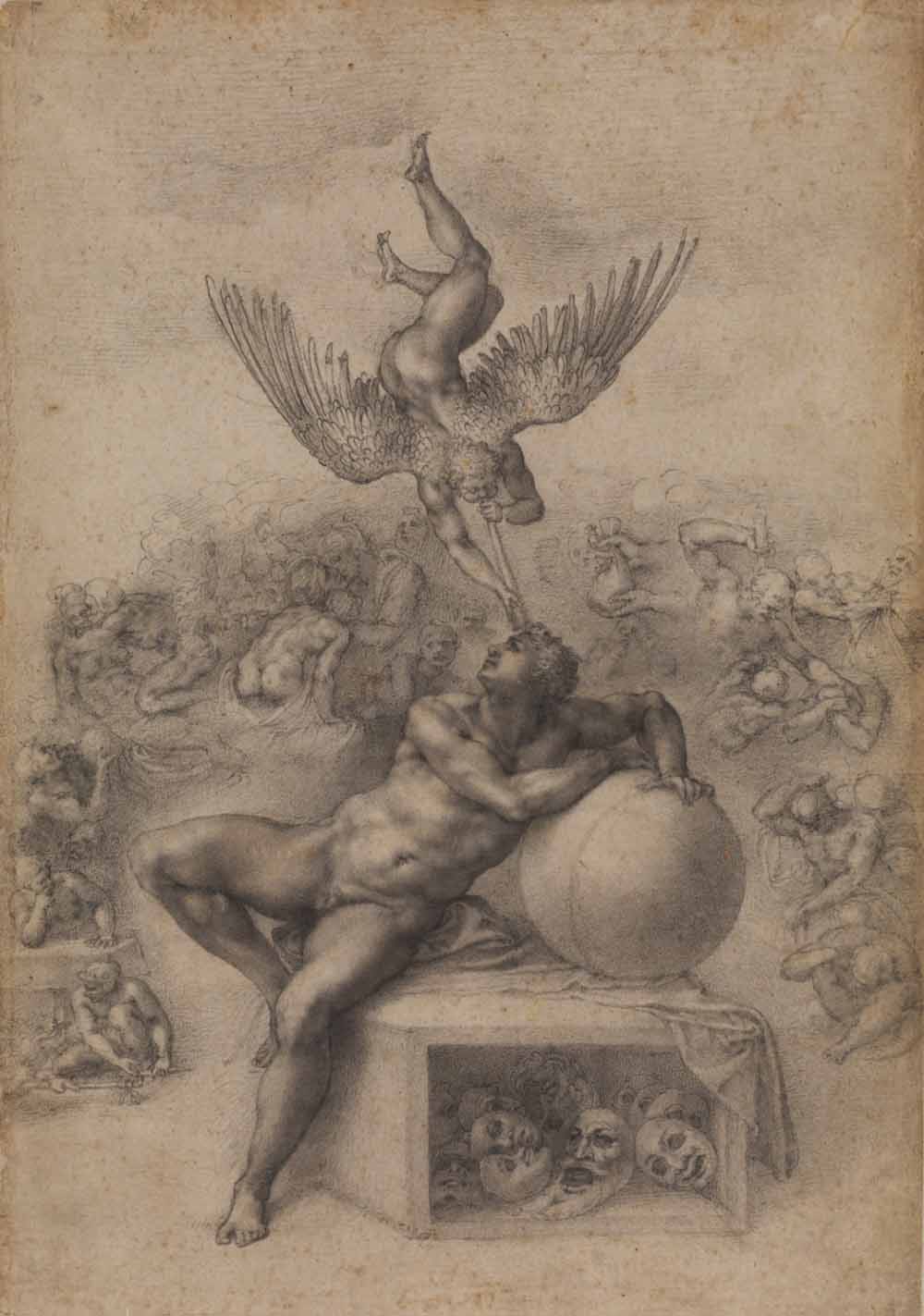 The Dream of Human Life Shakespeare's Globe A sketch of a man guarding a sphere, with a winged beast hovering above.