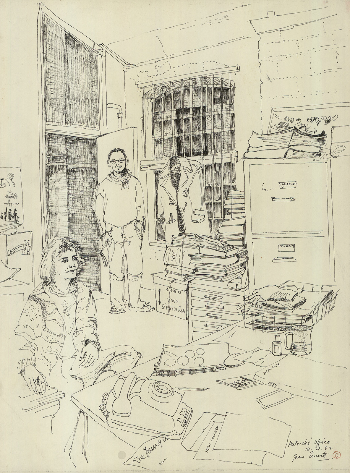 8 The Office of Patrick Spottiswoode in Bear Gardens, 10 February 1987, sketched by June Everett A sketch of an office.