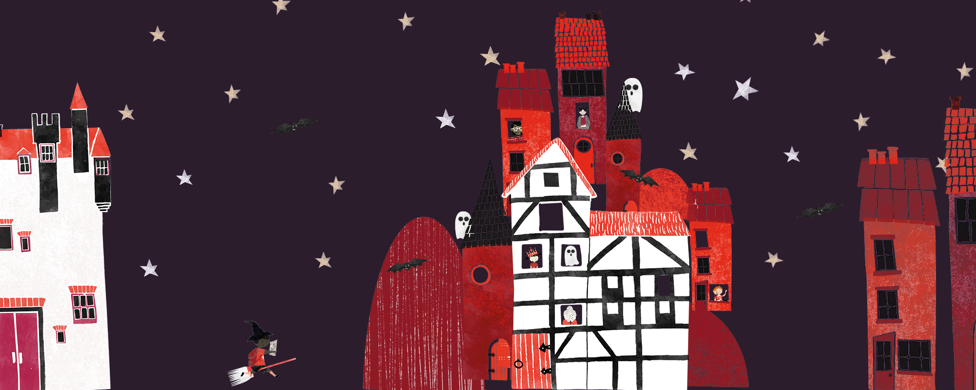 Telling Tales October masthead without titles Cartoon of a house with ghost, stars, bats and witches
