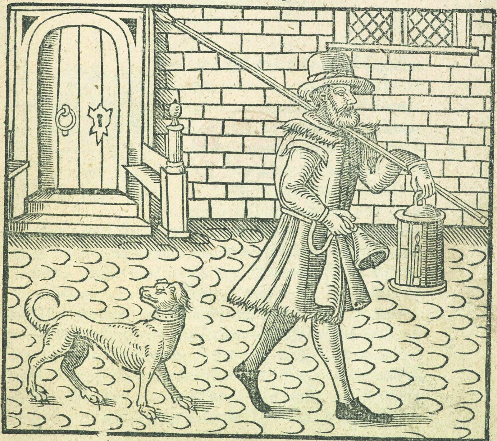 Frontispiece to Thomas Dekker’s Bellman of London 1608 Frontispiece to a pamphlet depicting a man holding a lantern and bell, followed by a dog, on some cobbled streets.