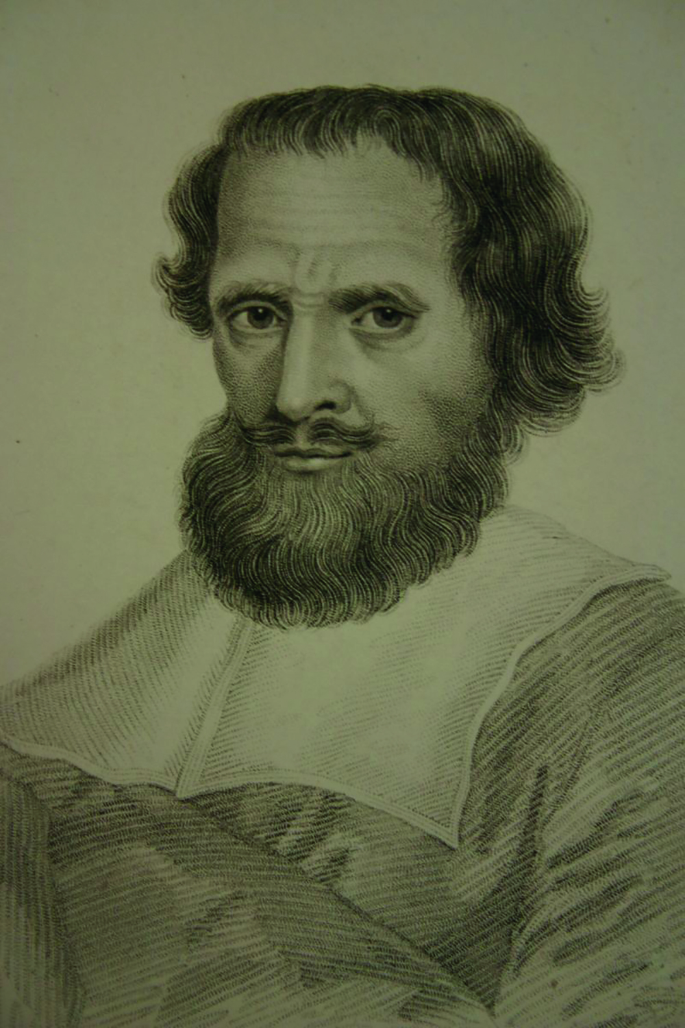 Simon Forman Astrologer Drawing of a man with thick hair and bushy beard, wearing traditional male Elizabethan dress.