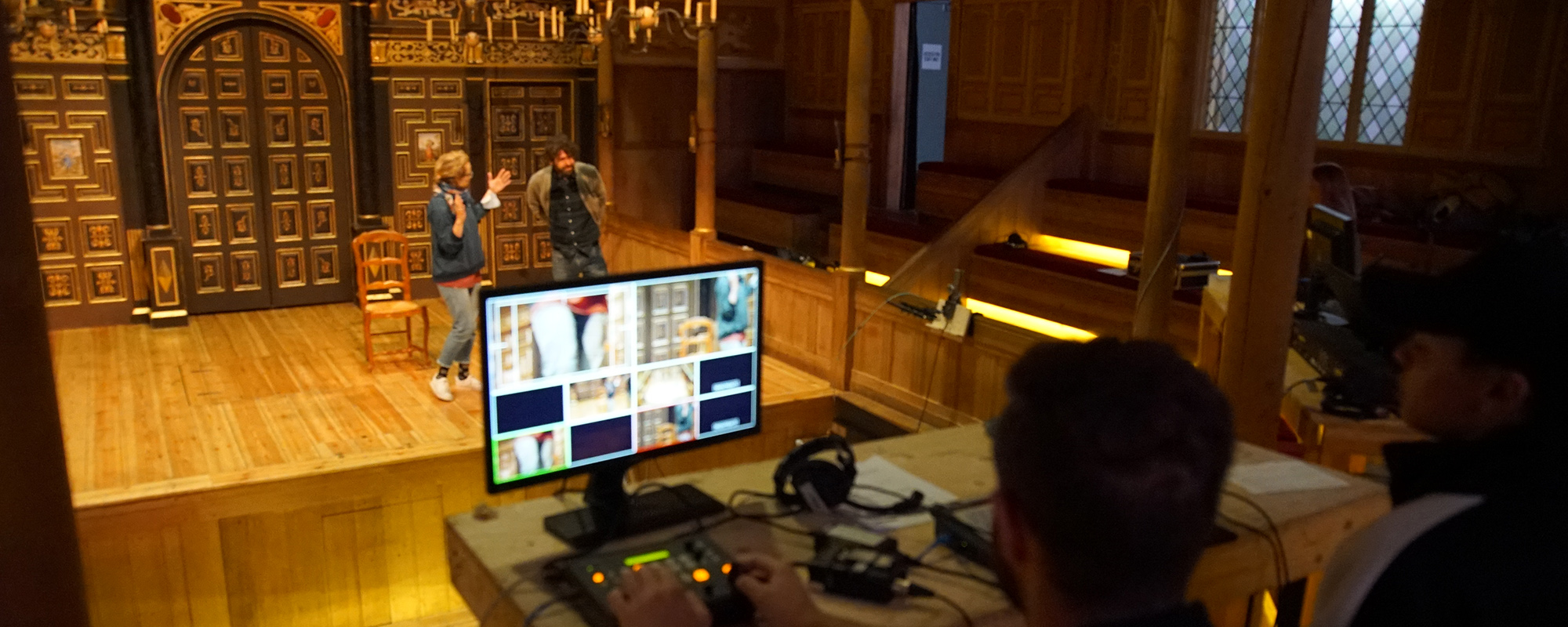 Such Stuff Season 7 Episode 2 Fear conjuring and catharsis in Macbeth An image of the Sam Wanamaker PLayhouse with two actors rehearsing on the stage and a monitor showing different camera angles