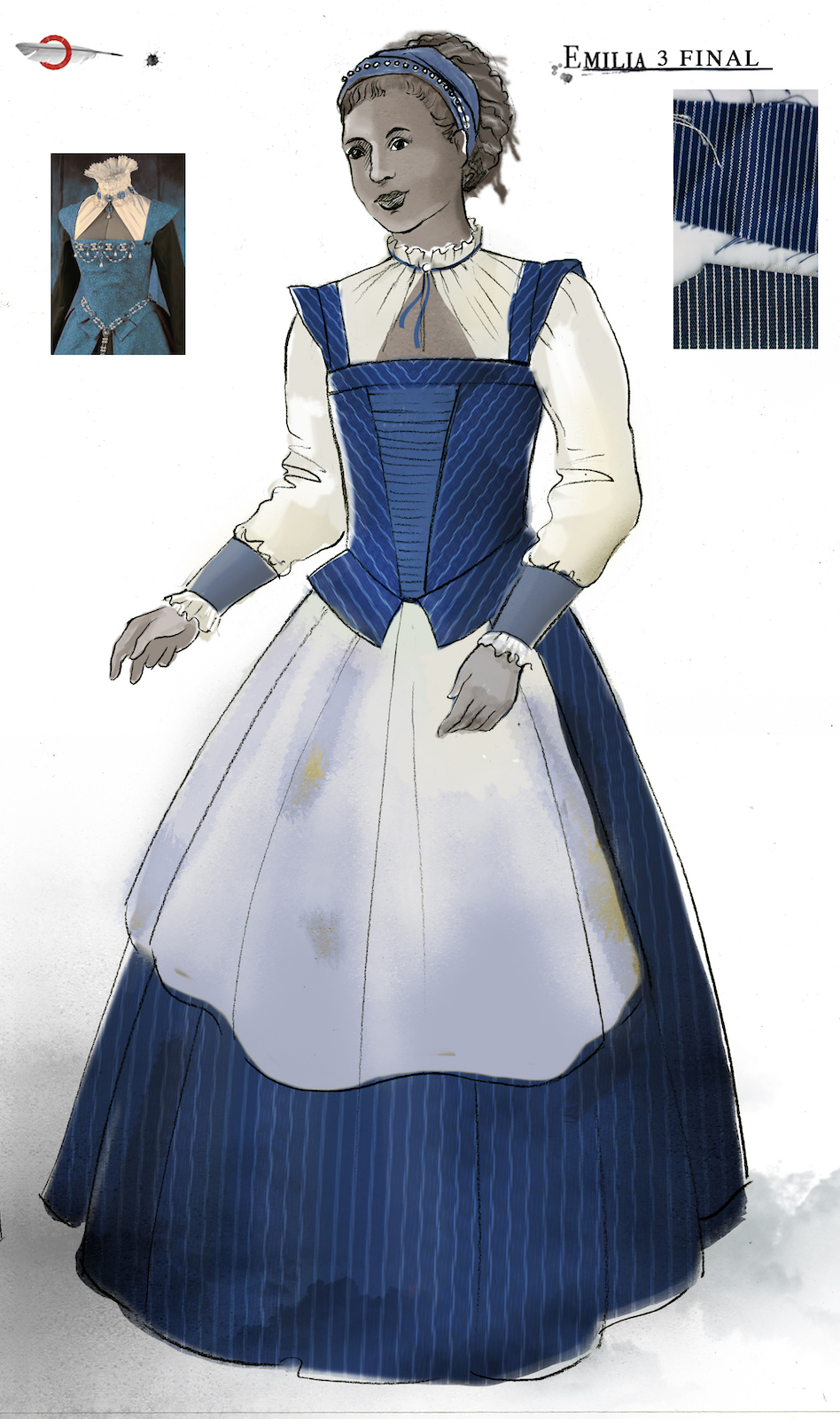 Jo Scotcher Emilia Costume Design Shakespeare’s Globe A costume sketch of a blue and white Elizabethan dress