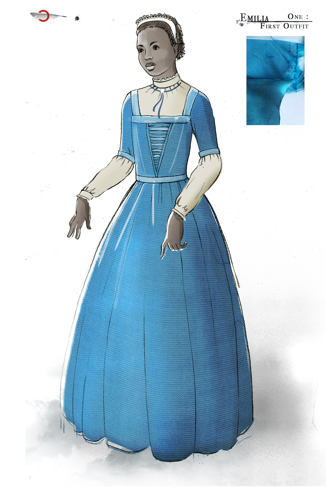 Jo Scotcher Emilia Costume Design Shakespeare’s Globe A costume sketch of a blue Elizabethan dress
