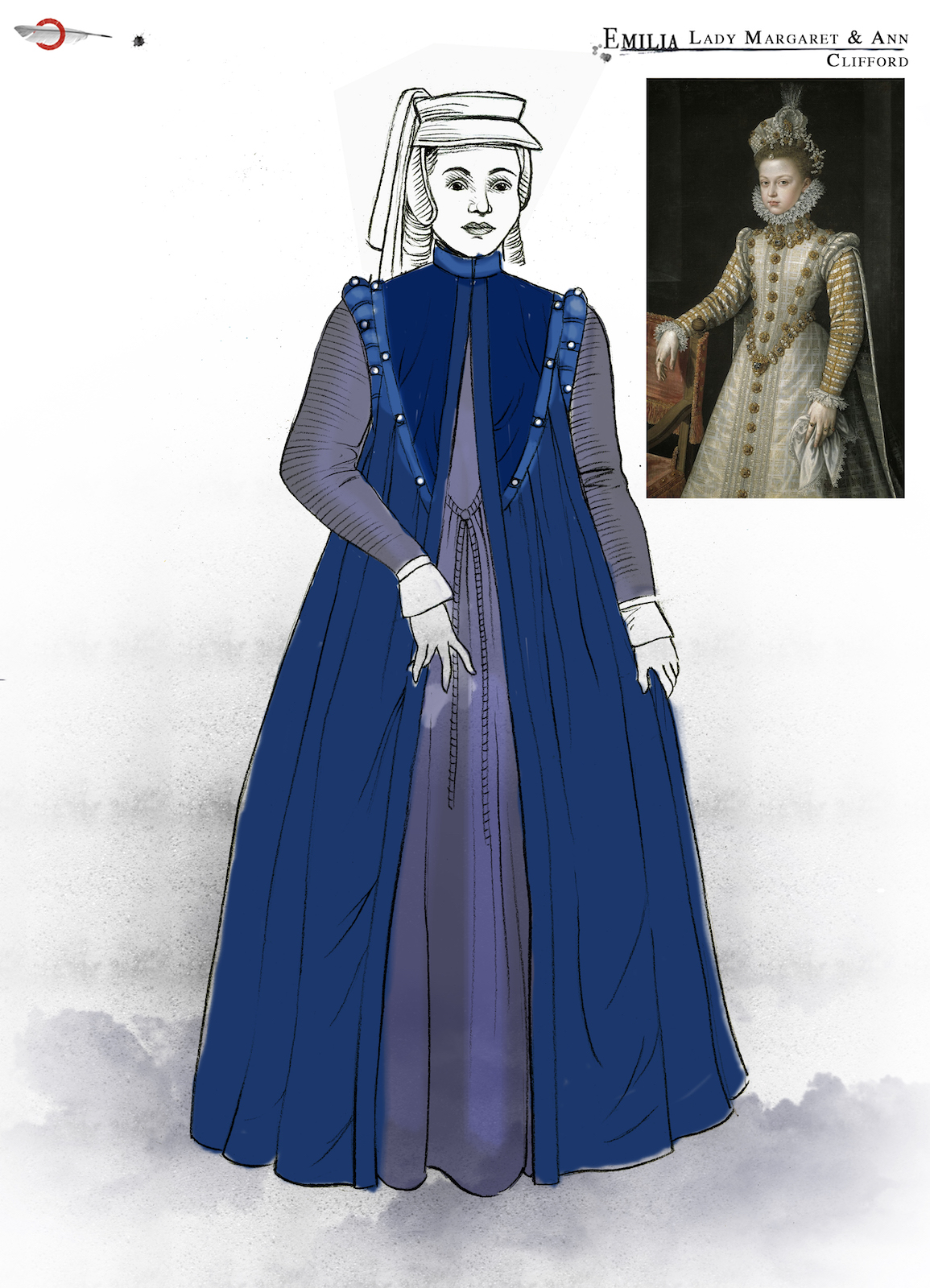 Emilia Clifford Costume Design Jo Scotcher Shakespeare’s Globe A costume sketch of a blue Elizabethan dress