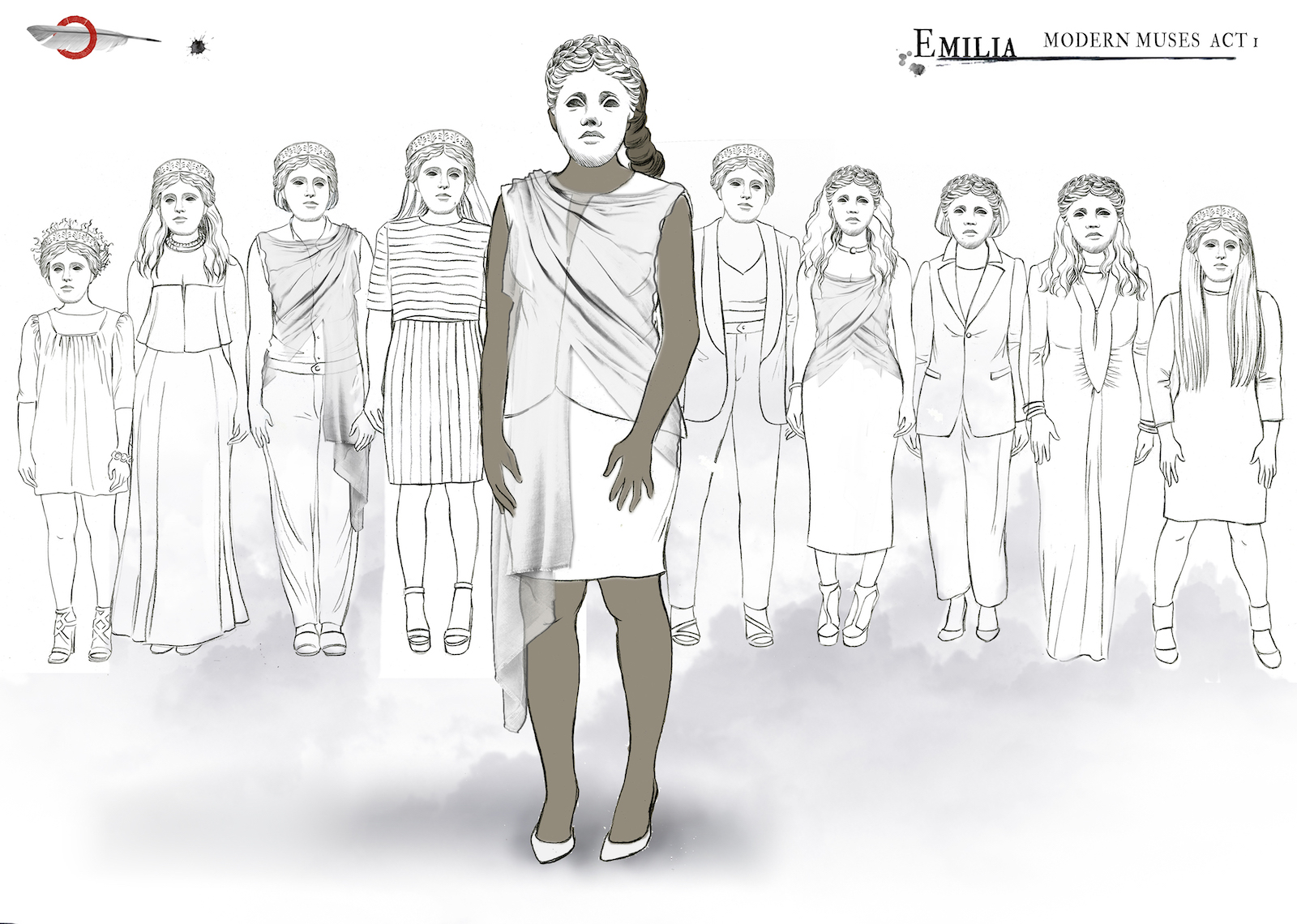 Emilia Muse Costume Design Jo Scotcher Shakespeare’s Globe Outline sketches of costume design shows 10 different outfits