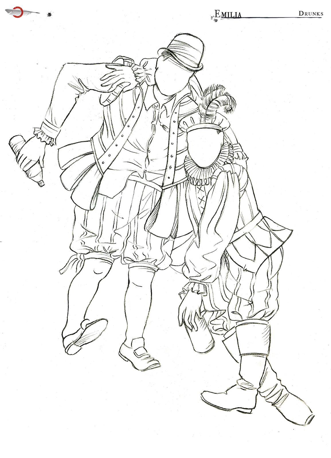 Drunks Costume Design Jo Scotcher Shakespeare’s Globe A costume sketch shows an outline of two characters ‘Drunks’ in Elizabethan dress