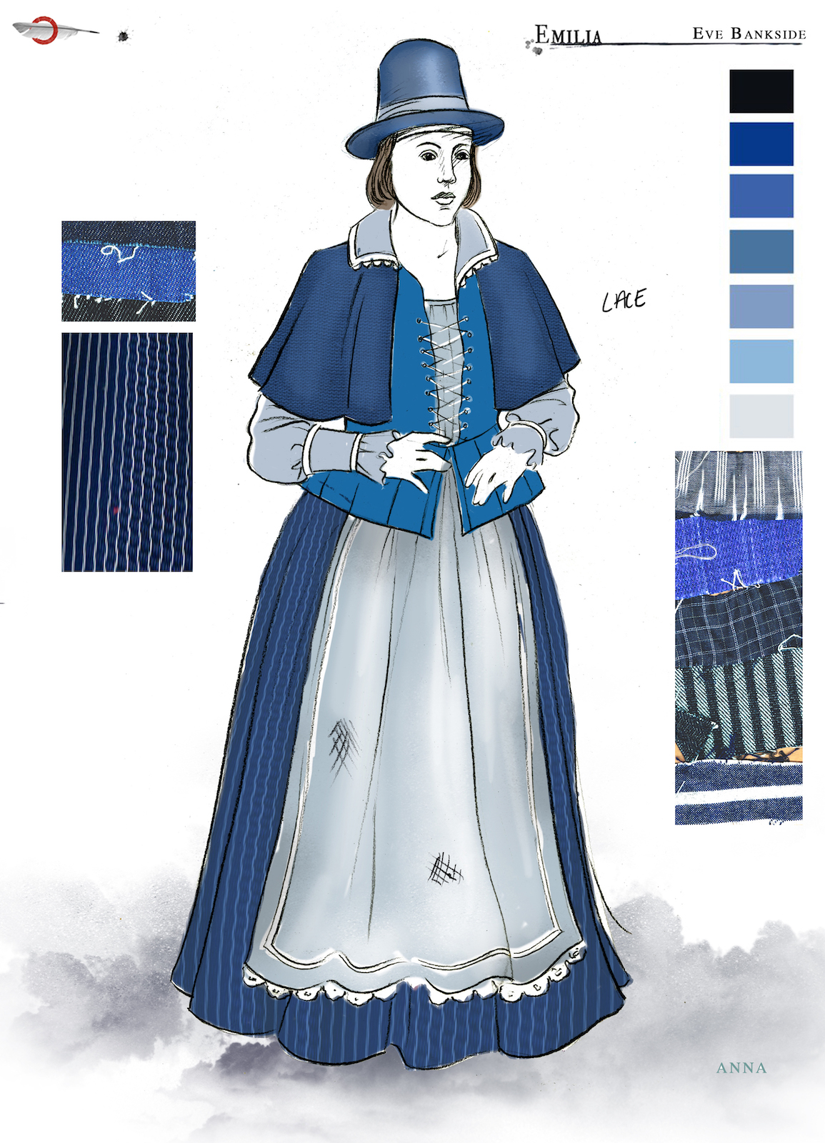 Emilia Eve Witch Costume Design Jo Scotcher Shakespeare’s Globe A costume sketch of a blue Elizabethan dress