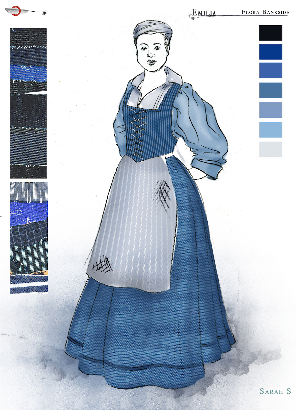Emilia Flora Costume Design Jo Scotcher Shakespeare’s Globe A costume sketch of a blue Elizabethan dress