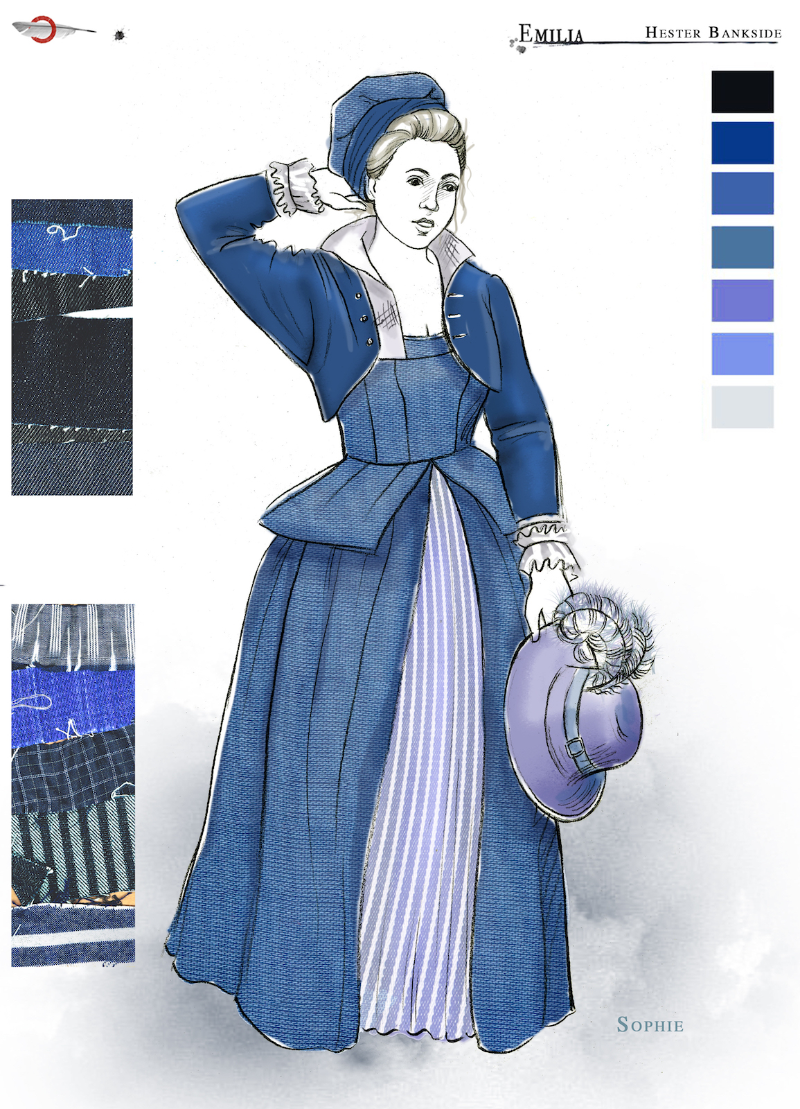 Emilia Hester Costume Design Jo Scotcher Shakespeare’s Globe A costume sketch of a blue Elizabethan dress
