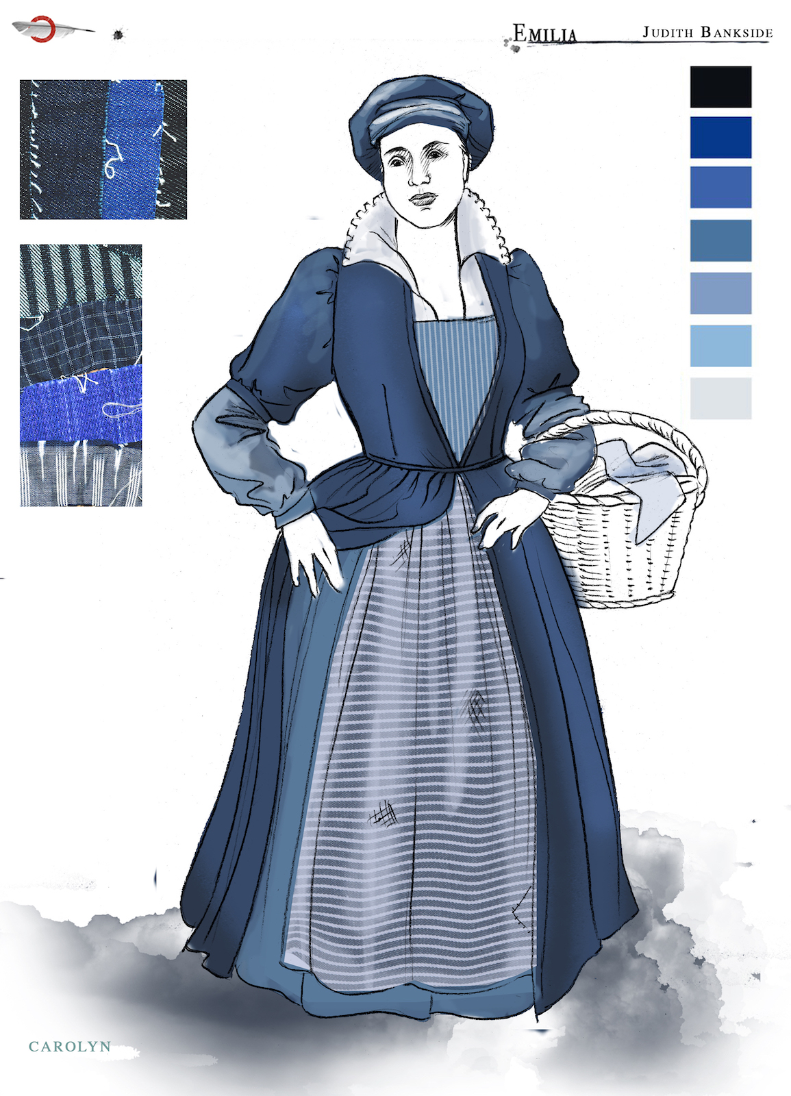 Emilia Judith Costume Design Jo Scotcher Shakespeare’s Globe A costume sketch of a blue Elizabethan dress