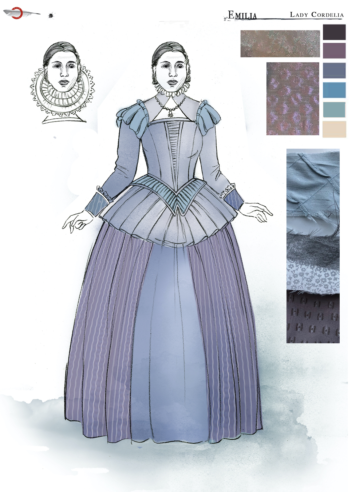 Emilia Lady Cordelia Costume Design Jo Scotcher Shakespeare’s Globe A costume sketch of a lilac Elizabethan dress
