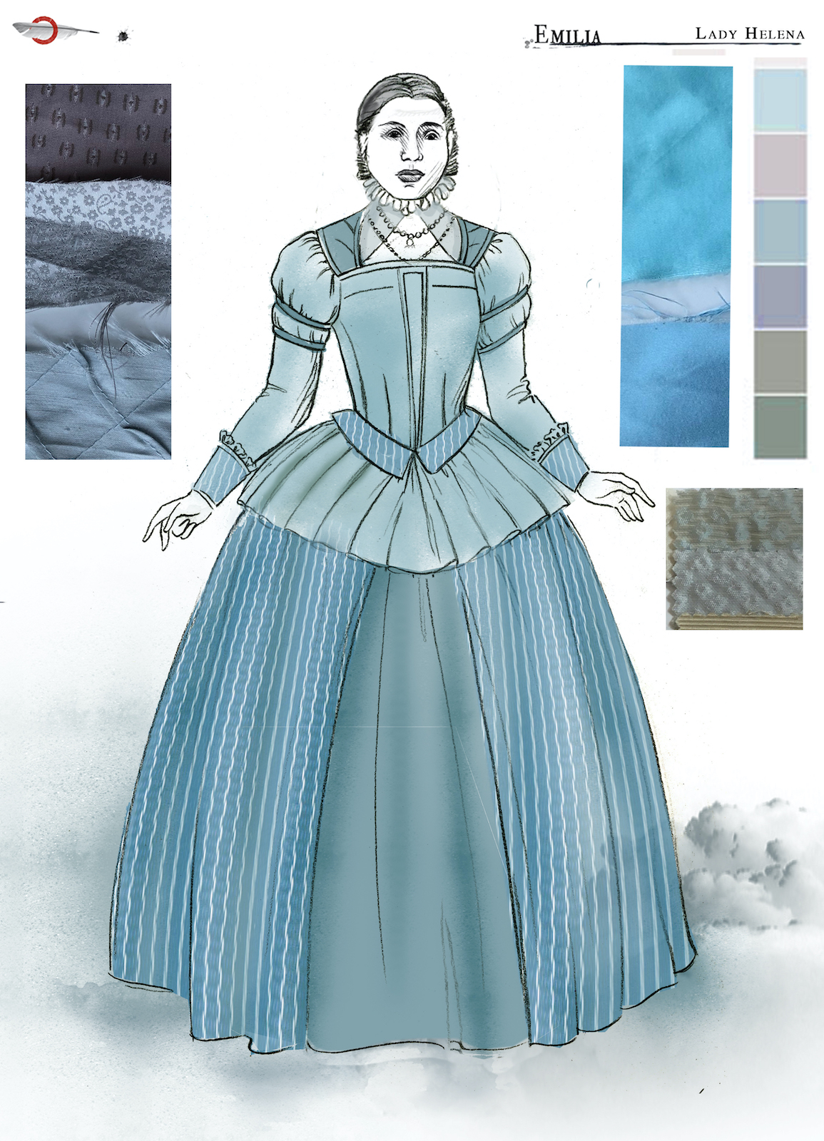 Emilia Lady Helena Costume Design Jo Scotcher Shakespeare’s Globe A costume sketch of a blue Elizabethan dress