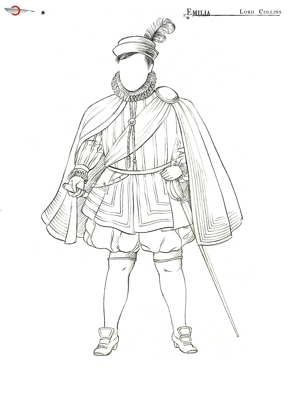 Emilia Lord Collins Costume Design Jo Scotcher Shakespeare’s Globe An outline of a costume sketch of a male Elizabethan costume