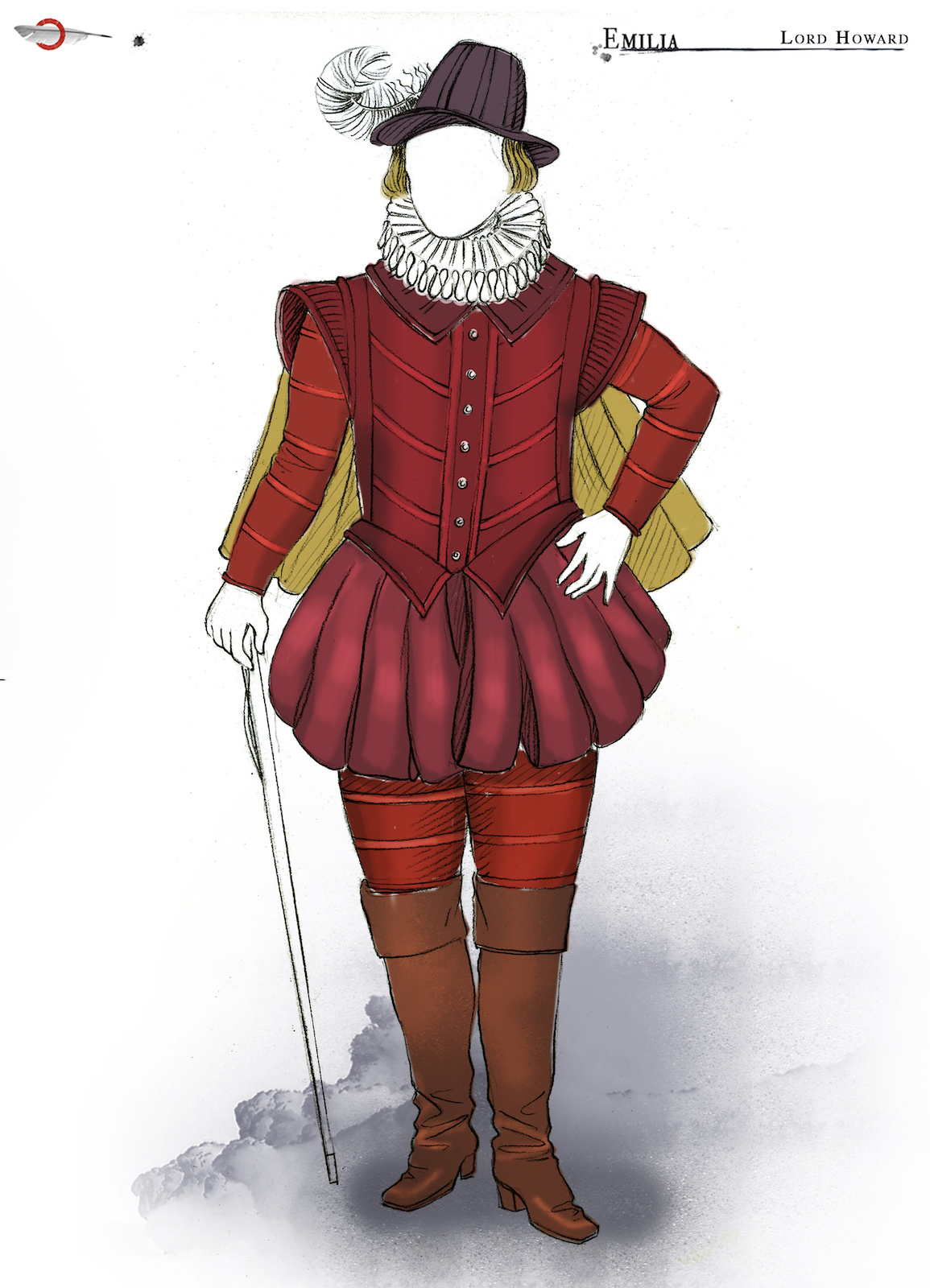 Emilia Lord Howard Costume Design Jo Scotcher Shakespeare’s Globe A costume sketch of red male Elizabethan outfit