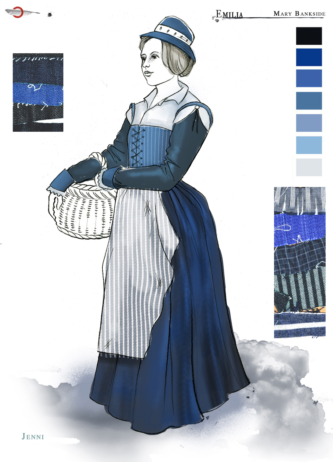 Emilia Mary Costume Design Jo Scotcher Shakespeare’s Globe A costume sketch of a blue Elizabethan dress and the figure holds a basket