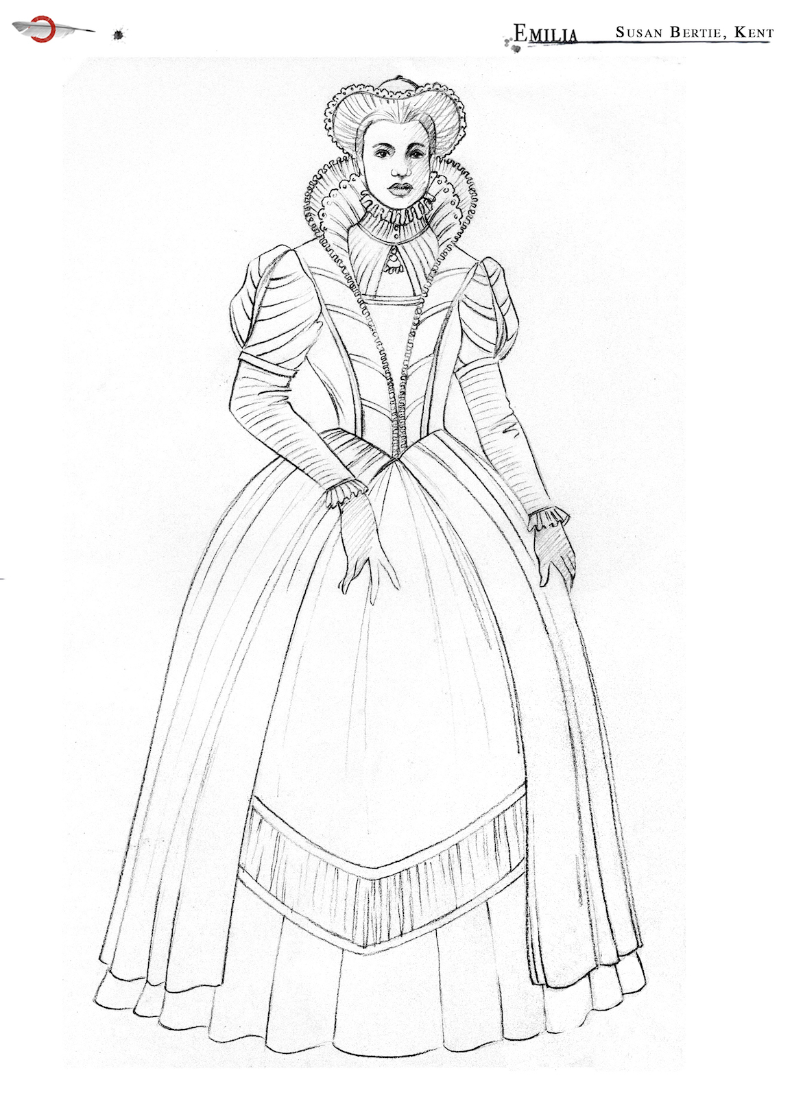 Emilia Susan Bertie Costume Design Jo Scotcher Shakespeare’s Globe An outline illustration of a women’s Elizabethan dress with ruff and elegant headwear