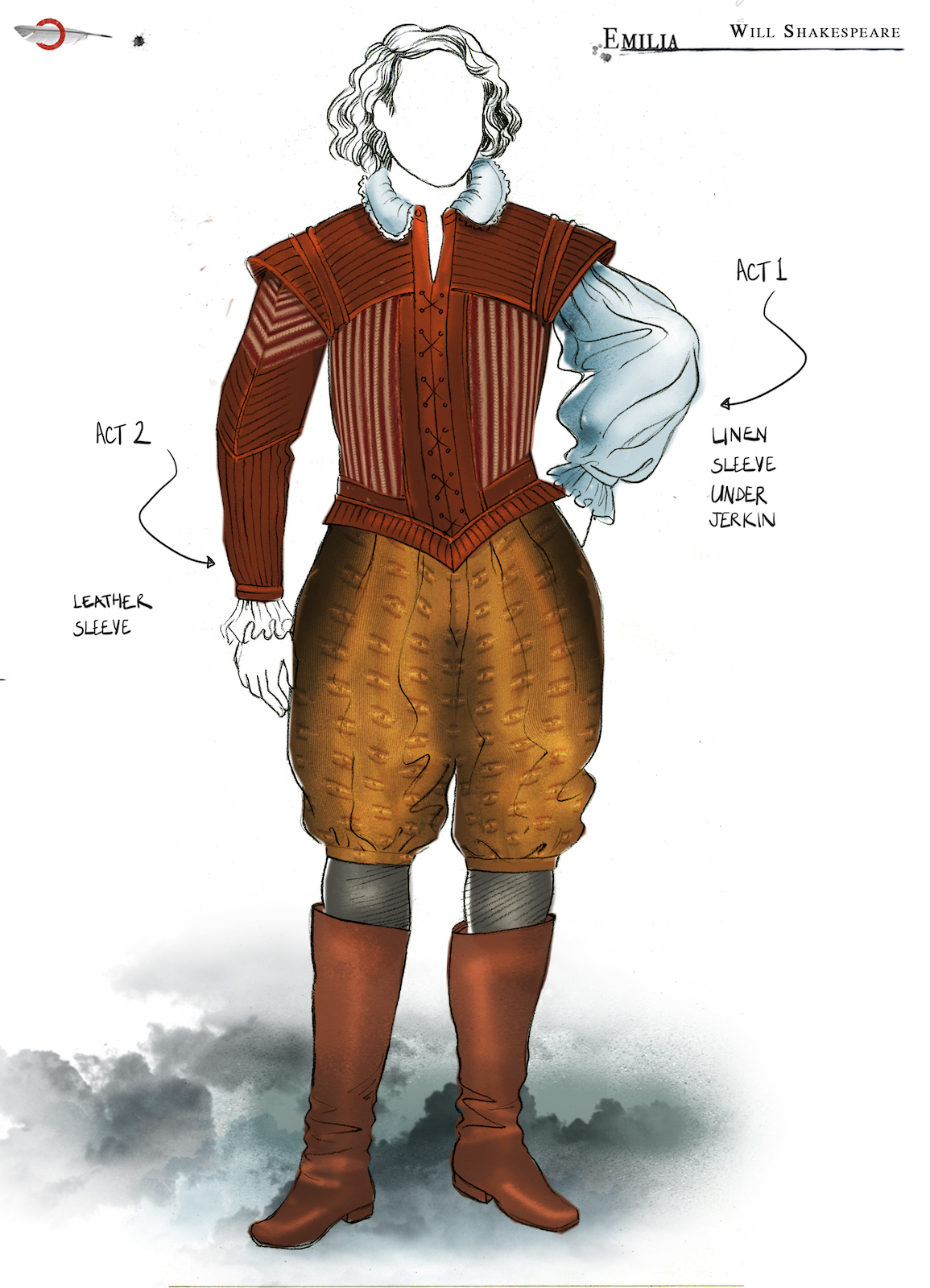 Emilia William Shakespeare Costume Design Jo Scotcher Shakespeare’s Globe A costume sketch of a male Elizabethan outfit with linen puffed sleeves