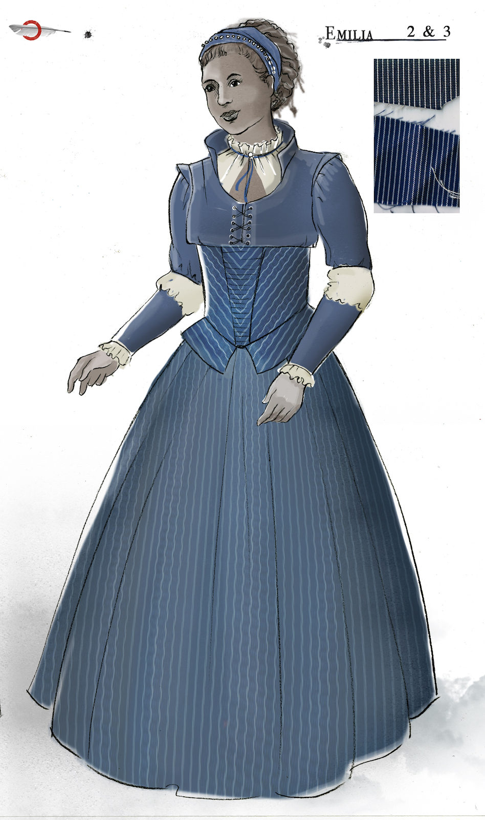 Jo Scotcher Emilia Costume Design Shakespeare’s Globe A costume sketch of a blue Elizabethan dress