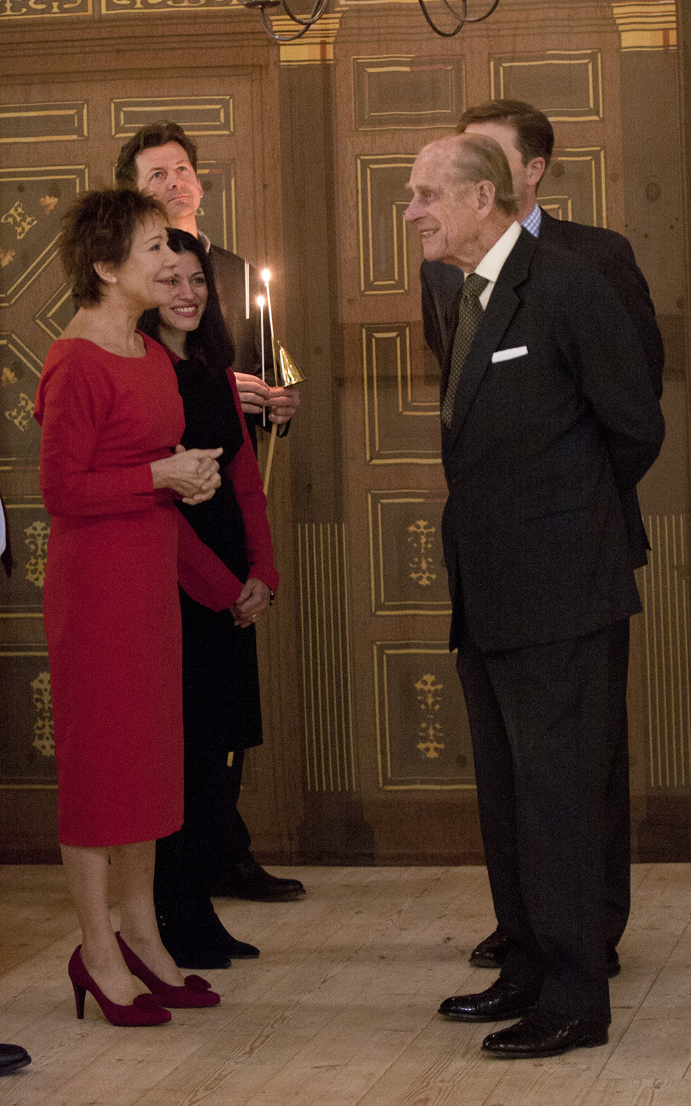 Official opening of the Sam Wanamaker Playhouse by His Royal Highness The Prince Philip, Duke of Edinburgh Zoe Wanamaker and His Royal Highness The Prince Philip, Duke of Edinburgh stand talking to each other in the Sam Wanamaker Playhouse.