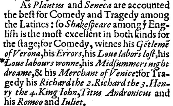 Palladis Tamia, Wits Treasury Francis Meres Love labours won 1598 A selection of the text Palladis Tamia, listing some of Shakespeare's plays, including Lous Labour's wonne