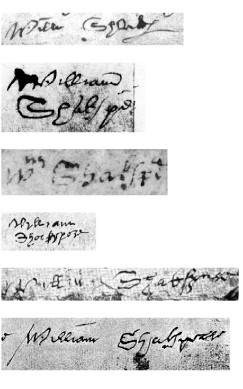 William Shakespeare Signatures A collage shows six different signatures