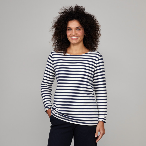 Damen Langarm Ringelshirt mit Greenpeace Logostick cremeweiss/dunkelblau Damen Langarm Ringelshirt mit Greenpeace Logostick cremeweiss/dunkelblau