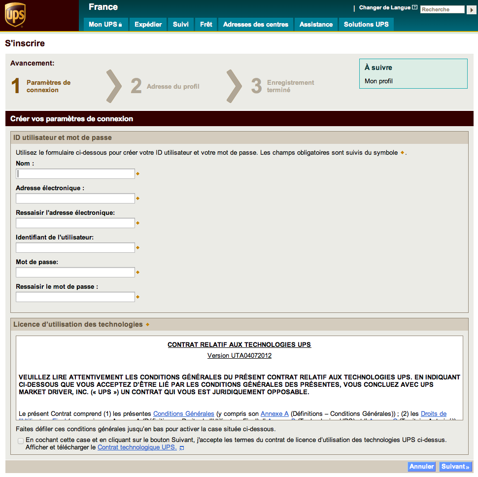 Le formulaire d'inscription chez UPS