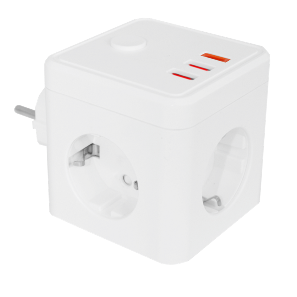 E-BLOCK base 3 salidas schuko, 2 USB y 1 USB Tipe C + Interruptor | Silver Sanz