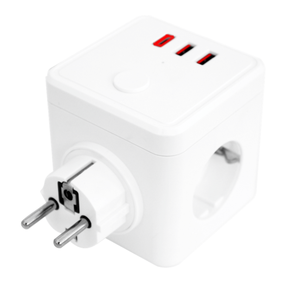 E-BLOCK base 3 salidas schuko, 2 USB y 1 USB Tipe C + Interruptor | Silver Sanz