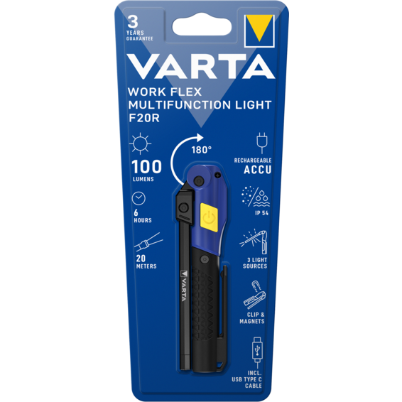 Varta Linterna LED Work Flex Multifunction Light F20R LED 100lm IP54 Rechargeable + bateria Li-Ion | Silver Sanz
