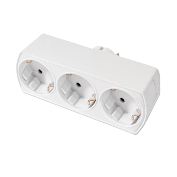 Adaptador schuko 3 tomas TT frontal horizontal 16A plástico blanco | Silver Sanz