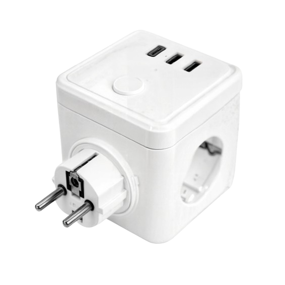 Cubo multi E-BLOCK 3 tomas +int., medidor consumo, smart wifi, bluetooth, 2USB-A+1USB-C IP20 blanco | Silver Sanz