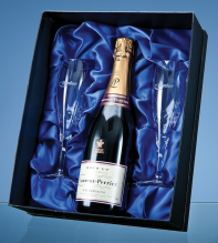 2 Mayfair Lead Crystal Panel Champagne Flutes with a 75cl Bottle of Laurent Perrier Champagne in a Satin Lined Presentation Box