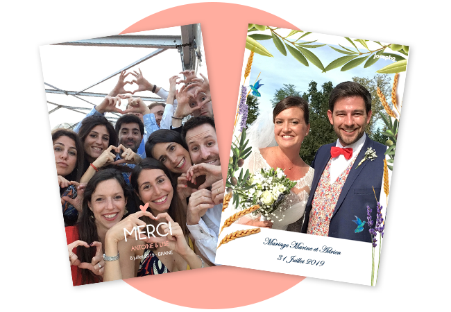 Deux photos sont prises par le photomaton Josepho lors d'un mariage. Sur la première photo, les invités se prennent un photo pour remercier les mariés. Sur la deuxième photo, les mariés prennent une photo souvenirs pendant leur mariage.