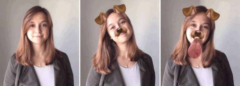 Trois photos d'une femme montre l'effet morphing réalisé avec le photobooth de Josepho. Sur la première photo la femme sourit, sur la deuxième photo la femme sourit et a des oreilles et un museau de chien. Sur la troisième et dernière photo la femme a des oreilles et un museau de chien et tire la langue qui est un effet ajouté grâce au morphing sur le photobooth de Josepho.