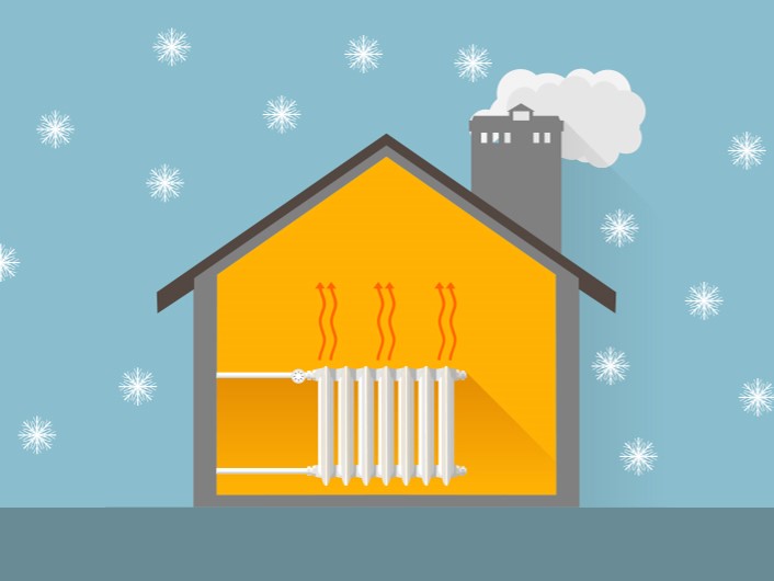 Illustration of a heated house in winter