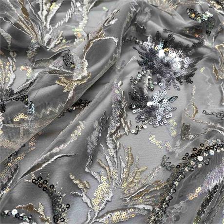 Metallic Grey Sequin Tulle. Image 1