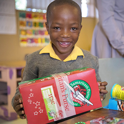 Boy in Namibia with shoebox gift