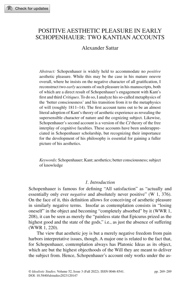 Positive Aesthetic Pleasure in Early Schopenhauer Two Kantian Accou