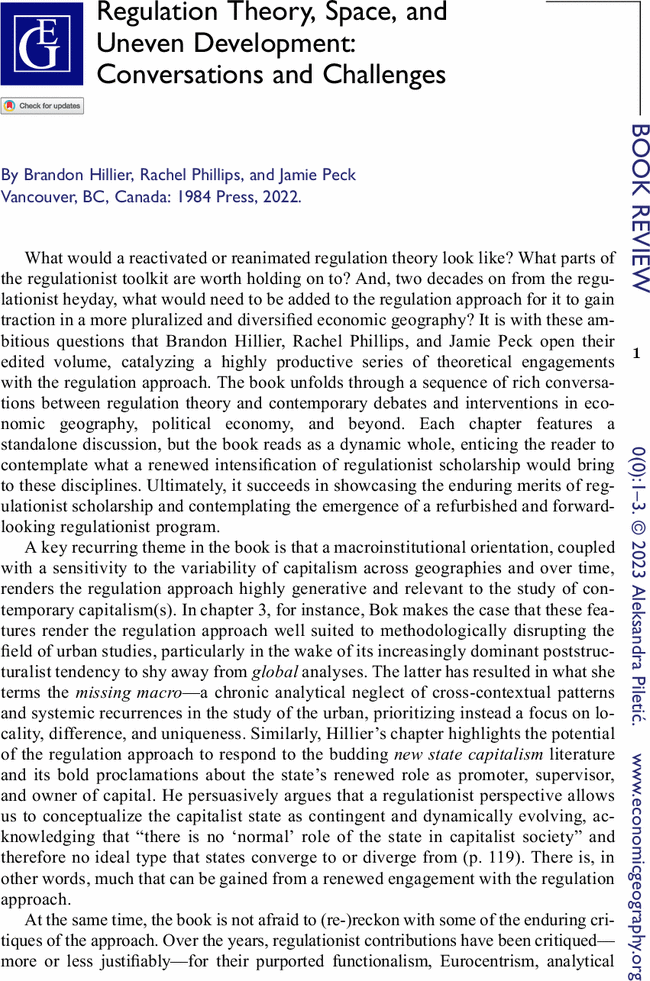 Regulation Theory, Space, and Uneven Development Conversations and