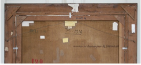 Two samples of Sukarno's collection of paintings with the marks behind the canvas.